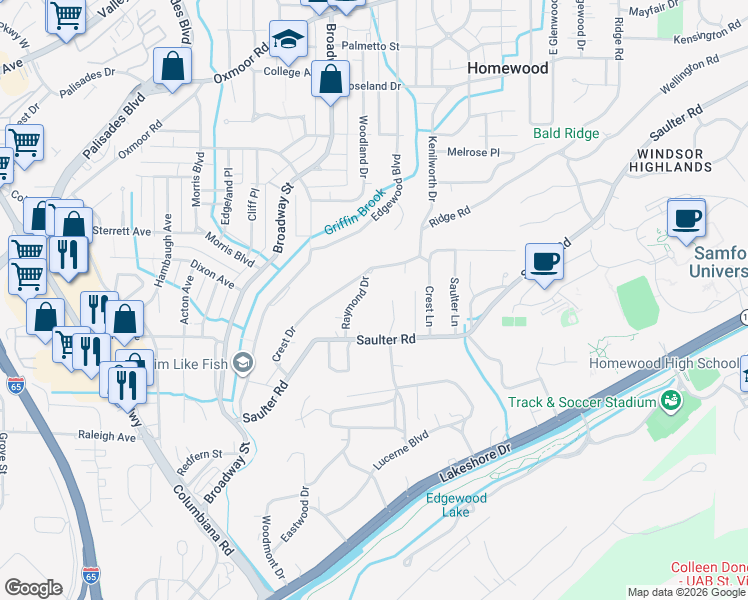 map of restaurants, bars, coffee shops, grocery stores, and more near 234 Raymond Drive in Birmingham