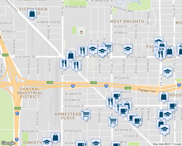 map of restaurants, bars, coffee shops, grocery stores, and more near 1637 West Willetta Street in Phoenix