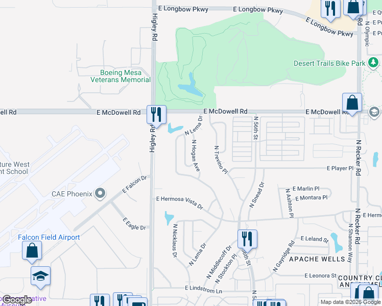 map of restaurants, bars, coffee shops, grocery stores, and more near 2626 North Hogan Avenue in Mesa