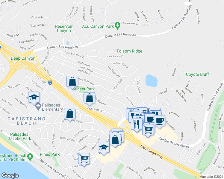 map of restaurants, bars, coffee shops, grocery stores, and more near 27091 Calle Juanita in Capistrano Beach