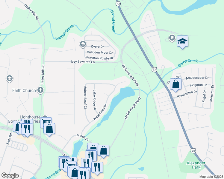map of restaurants, bars, coffee shops, grocery stores, and more near 467 Waterfront Drive in McDonough