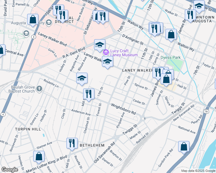 map of restaurants, bars, coffee shops, grocery stores, and more near 1226 Florence Street in Augusta