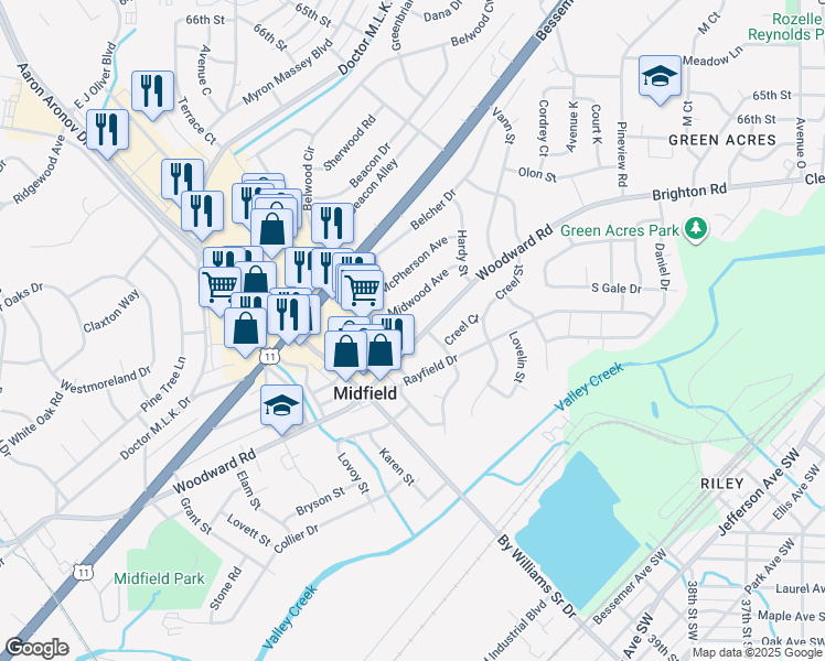 map of restaurants, bars, coffee shops, grocery stores, and more near 1404 Woodward Road in Birmingham