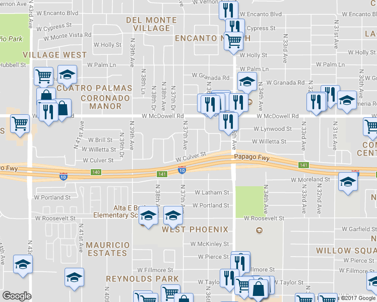 map of restaurants, bars, coffee shops, grocery stores, and more near 1329 North 37th Avenue in Phoenix