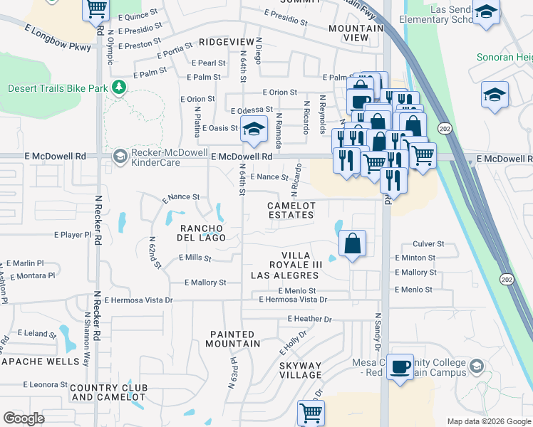 map of restaurants, bars, coffee shops, grocery stores, and more near 6456 E Norwood Cir in Mesa