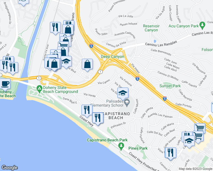 map of restaurants, bars, coffee shops, grocery stores, and more near 26331 Via California in Dana Point