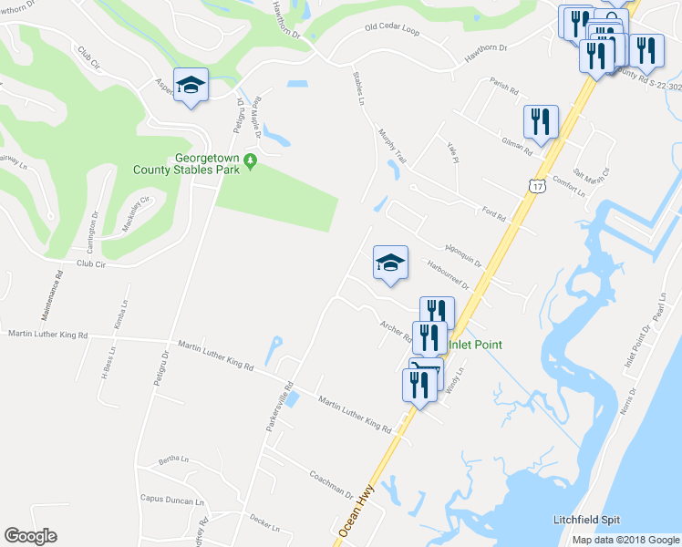 map of restaurants, bars, coffee shops, grocery stores, and more near 1063 Parkersville Road in Pawleys Island