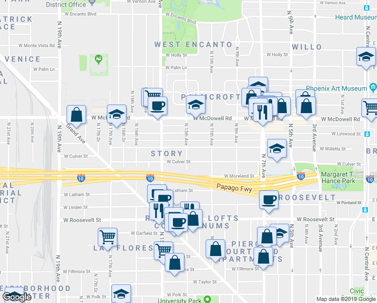 map of restaurants, bars, coffee shops, grocery stores, and more near 1145 West Willetta Street in Phoenix