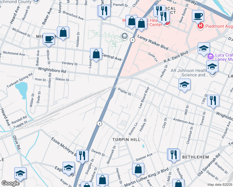 map of restaurants, bars, coffee shops, grocery stores, and more near 1517 Bleakley Street in Augusta