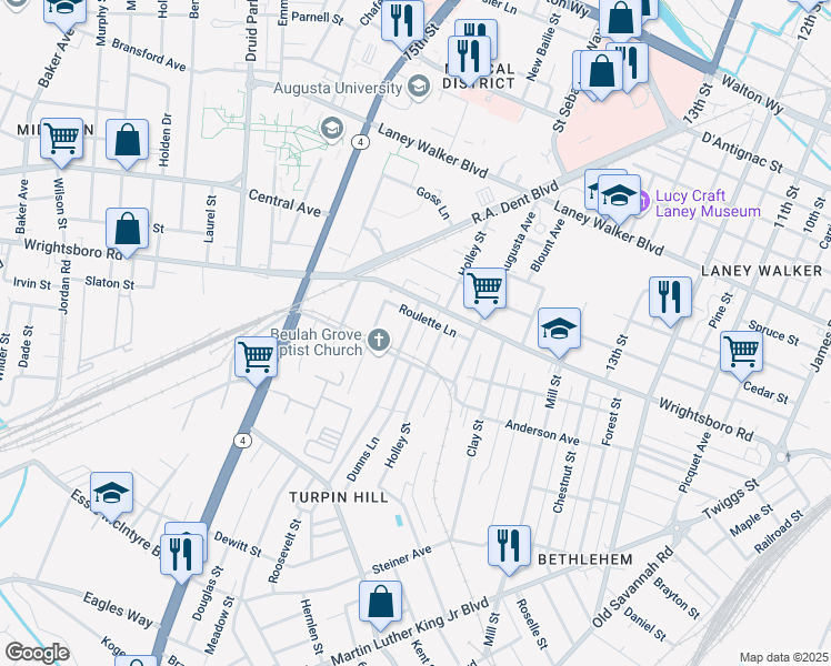 map of restaurants, bars, coffee shops, grocery stores, and more near 1432 Lee Beard Way in Augusta