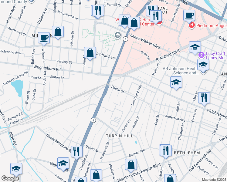 map of restaurants, bars, coffee shops, grocery stores, and more near 1517 Bleakley Street in Augusta