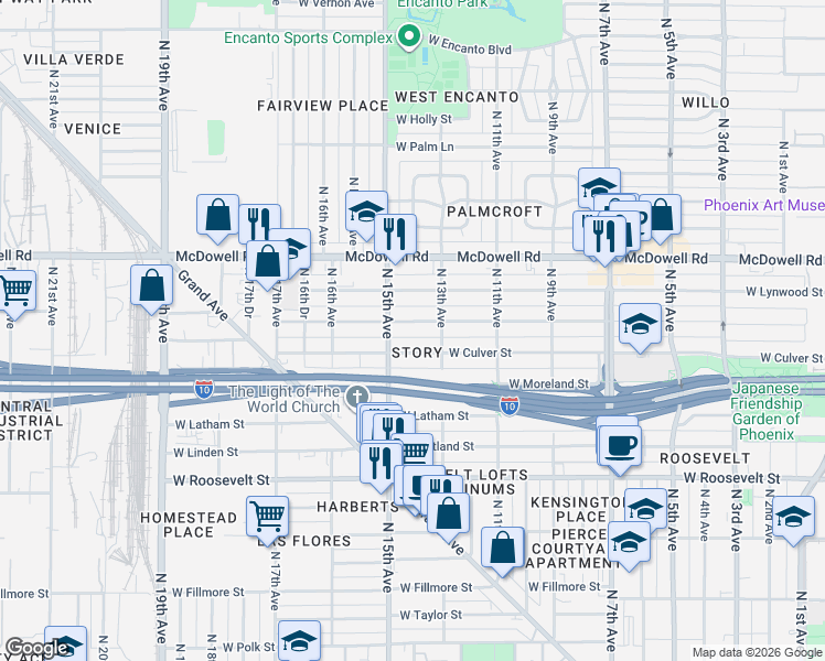 map of restaurants, bars, coffee shops, grocery stores, and more near 1329 West Willetta Street in Phoenix