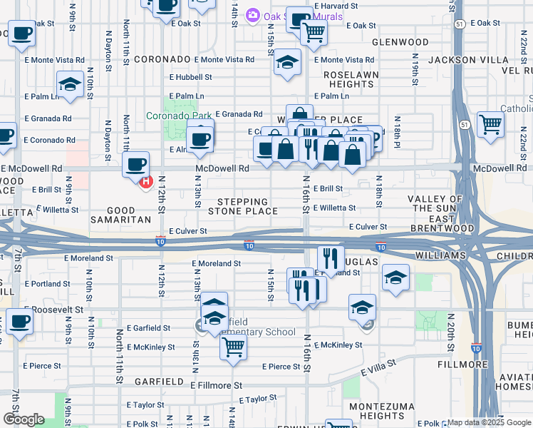 map of restaurants, bars, coffee shops, grocery stores, and more near 1320 N 15th St in Phoenix