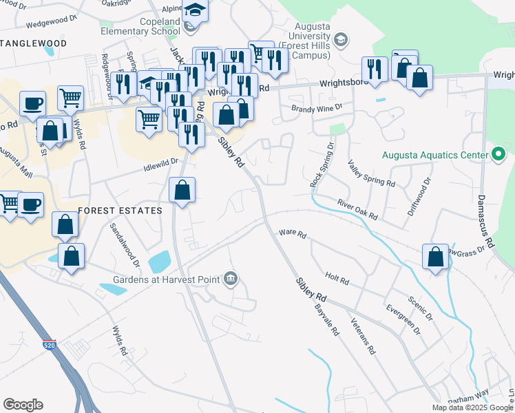 map of restaurants, bars, coffee shops, grocery stores, and more near 1817 Sibley Road in Augusta