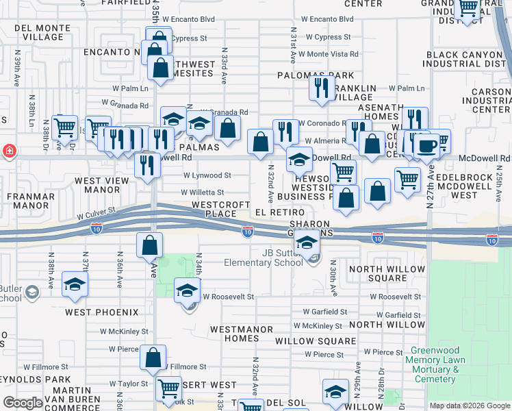 map of restaurants, bars, coffee shops, grocery stores, and more near 1315 North 33rd Avenue in Phoenix