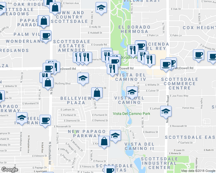 map of restaurants, bars, coffee shops, grocery stores, and more near 1400 North Miller Road in Scottsdale