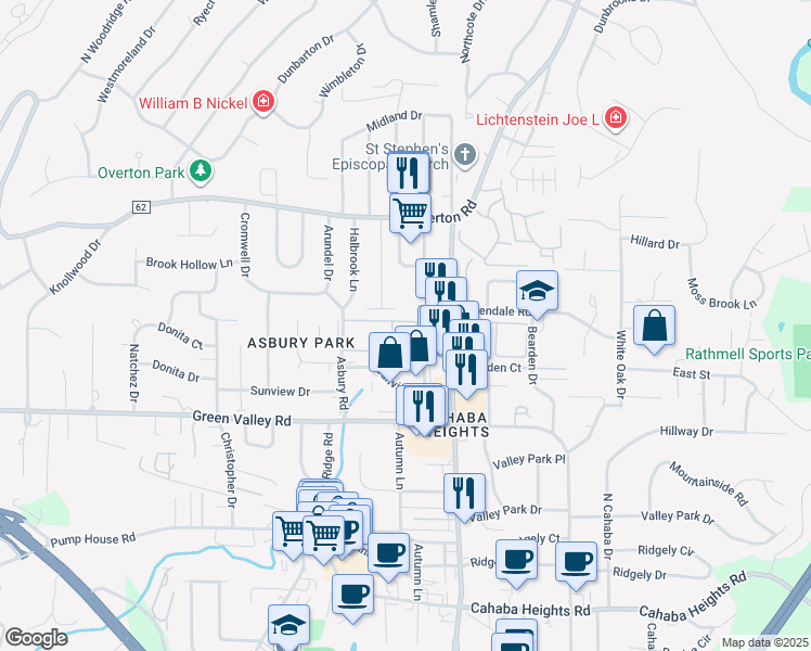 map of restaurants, bars, coffee shops, grocery stores, and more near 2114 Napoleon Court in Vestavia Hills