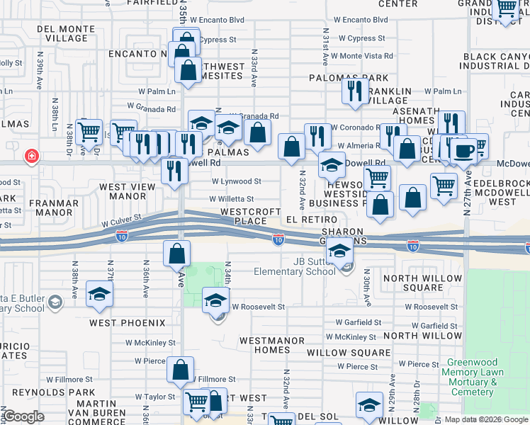 map of restaurants, bars, coffee shops, grocery stores, and more near 3318 West Culver Street in Phoenix