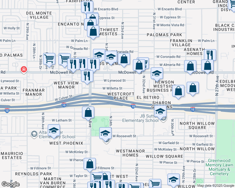 map of restaurants, bars, coffee shops, grocery stores, and more near 3352 West Culver Street in Phoenix