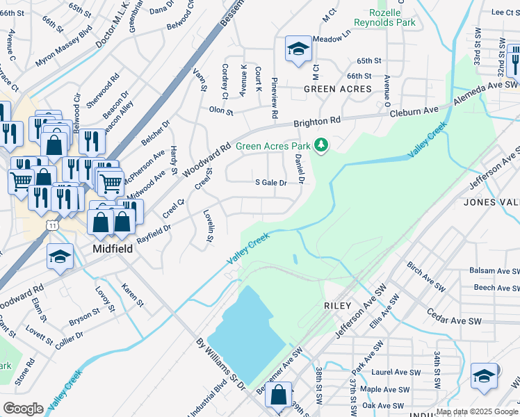 map of restaurants, bars, coffee shops, grocery stores, and more near 1200 Daniel Dr in Midfield