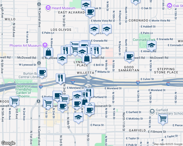 map of restaurants, bars, coffee shops, grocery stores, and more near 1331 North 7th Street in Phoenix