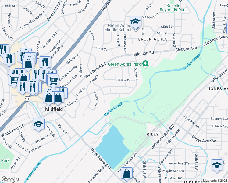 map of restaurants, bars, coffee shops, grocery stores, and more near 1200 Daniel Drive in Midfield