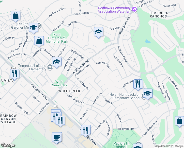 map of restaurants, bars, coffee shops, grocery stores, and more near 32022 Lodge House Court in Temecula