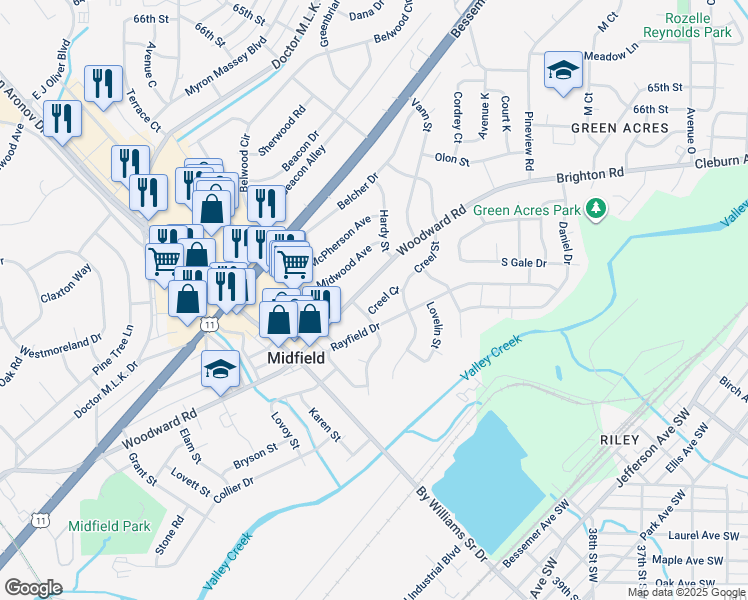 map of restaurants, bars, coffee shops, grocery stores, and more near 1388 Creel Court in Birmingham
