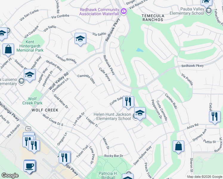 map of restaurants, bars, coffee shops, grocery stores, and more near 45743 Calle Ayora in Temecula
