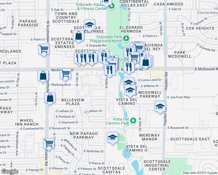 map of restaurants, bars, coffee shops, grocery stores, and more near 1501 North Miller Road in Scottsdale