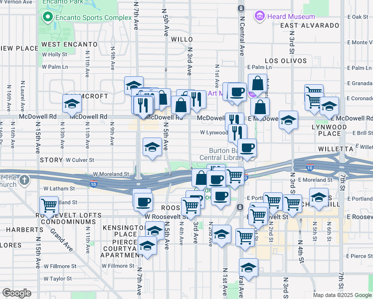 map of restaurants, bars, coffee shops, grocery stores, and more near 303 West Willetta Street in Phoenix