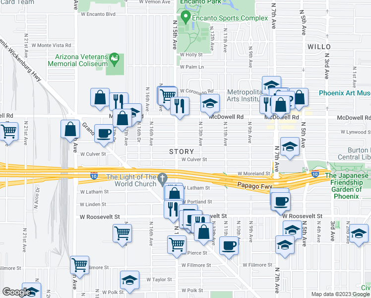 map of restaurants, bars, coffee shops, grocery stores, and more near 1329 West Willetta Street in Phoenix