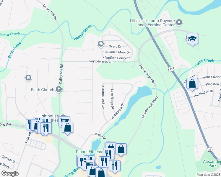 map of restaurants, bars, coffee shops, grocery stores, and more near 823 Lake Ridge Drive in McDonough