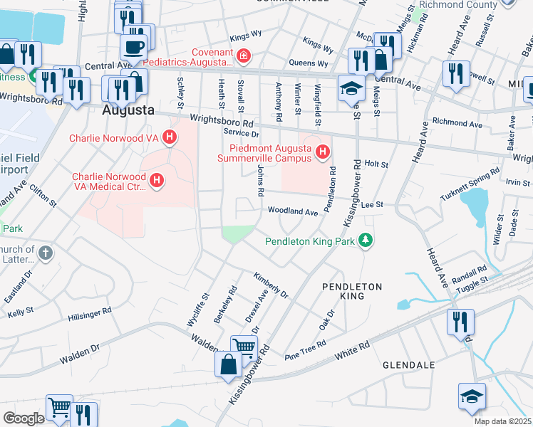 map of restaurants, bars, coffee shops, grocery stores, and more near 2224 Woodland Avenue in Augusta