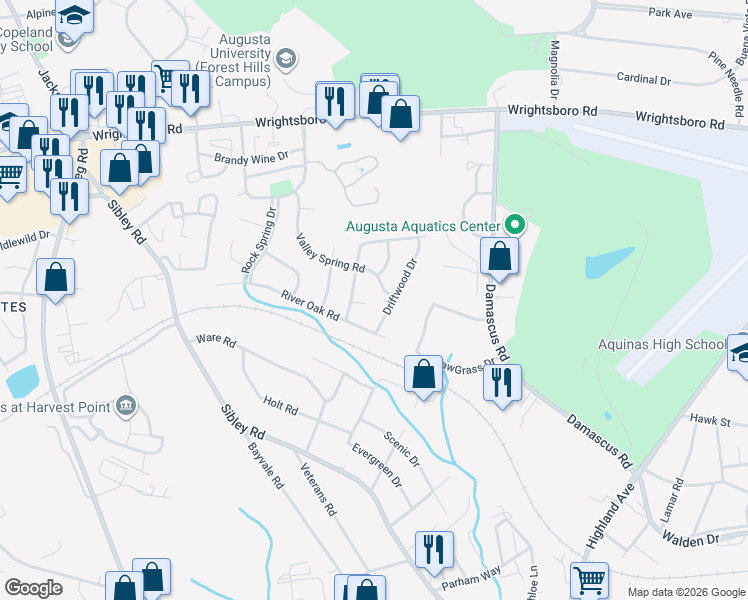map of restaurants, bars, coffee shops, grocery stores, and more near 3030 Biscayne Ct in Augusta