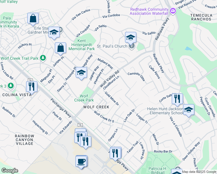 map of restaurants, bars, coffee shops, grocery stores, and more near 45798 Cloudburst Lane in Temecula