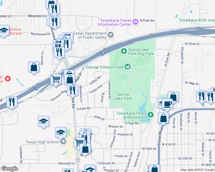 map of restaurants, bars, coffee shops, grocery stores, and more near 23 Lynnwood Drive in Texarkana