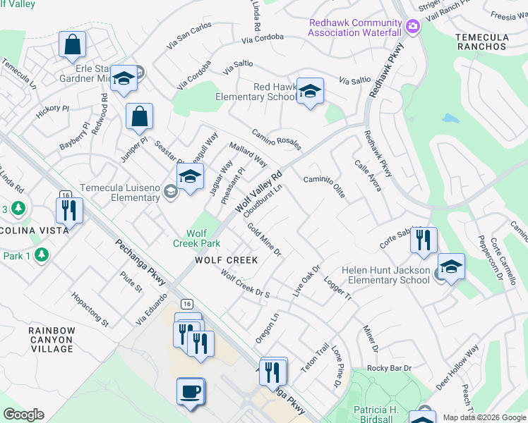 map of restaurants, bars, coffee shops, grocery stores, and more near 31940 Bitterroot Court in Temecula