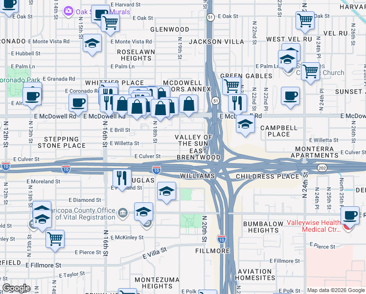 map of restaurants, bars, coffee shops, grocery stores, and more near 1901 East Willetta Street in Phoenix