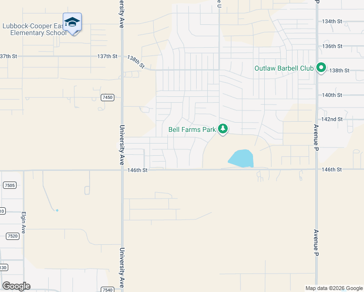 map of restaurants, bars, coffee shops, grocery stores, and more near 14310 Uvalde Avenue in Lubbock