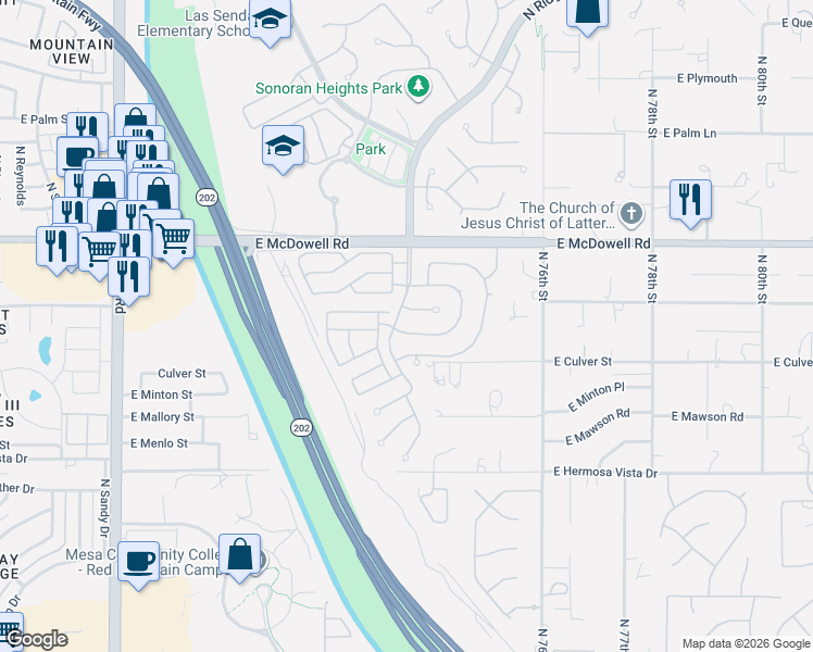 map of restaurants, bars, coffee shops, grocery stores, and more near 7360 East Norwood Street in Mesa