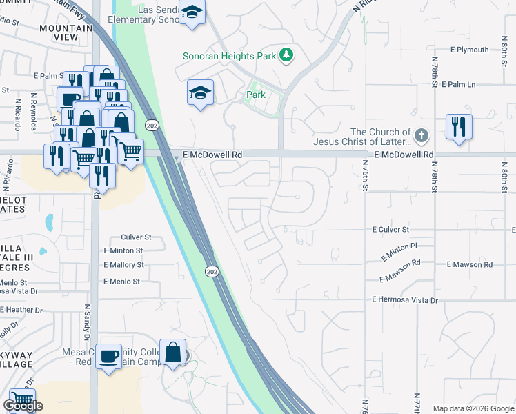 map of restaurants, bars, coffee shops, grocery stores, and more near 7305 East Norwood Street in Mesa
