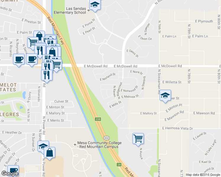 map of restaurants, bars, coffee shops, grocery stores, and more near 7228 East Norwood Street in Mesa