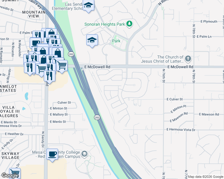 map of restaurants, bars, coffee shops, grocery stores, and more near 7228 East Norwood Street in Mesa