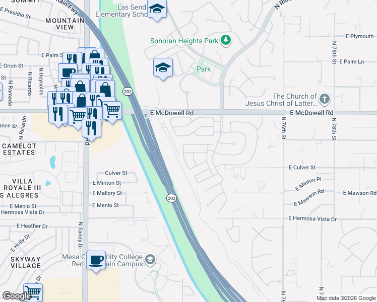 map of restaurants, bars, coffee shops, grocery stores, and more near 7228 East Norwood Street in Mesa
