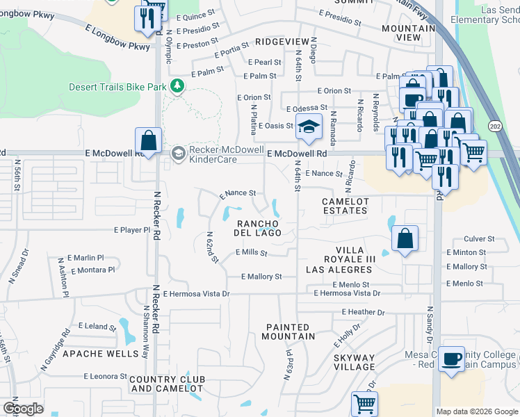 map of restaurants, bars, coffee shops, grocery stores, and more near 2617 North Platina Circle in Mesa