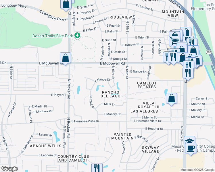 map of restaurants, bars, coffee shops, grocery stores, and more near 2646 North Platina in Mesa