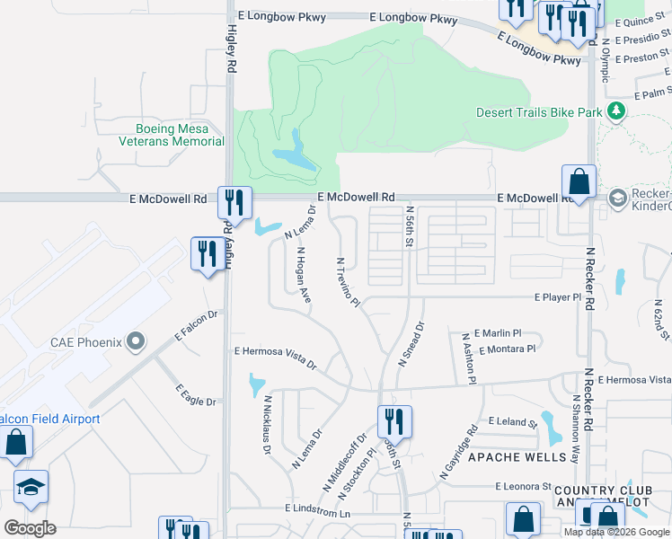 map of restaurants, bars, coffee shops, grocery stores, and more near 2630 North Trevino Place in Mesa