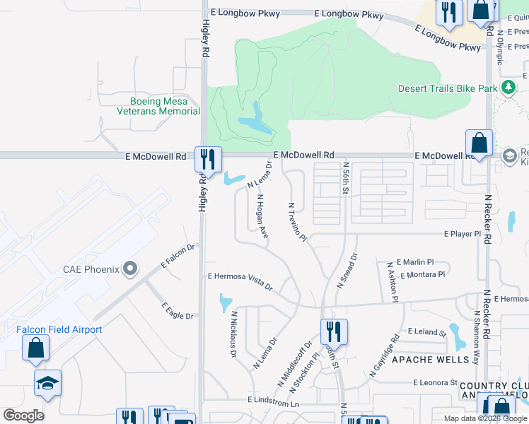 map of restaurants, bars, coffee shops, grocery stores, and more near 2626 North Hogan Avenue in Mesa