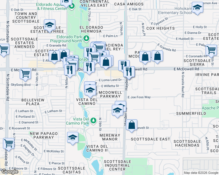 map of restaurants, bars, coffee shops, grocery stores, and more near 7831 East Willetta Street in Scottsdale